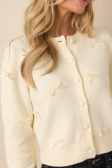 Little Love Notes Ivory Knit Bow Detail Button Front Cardigan Sweater