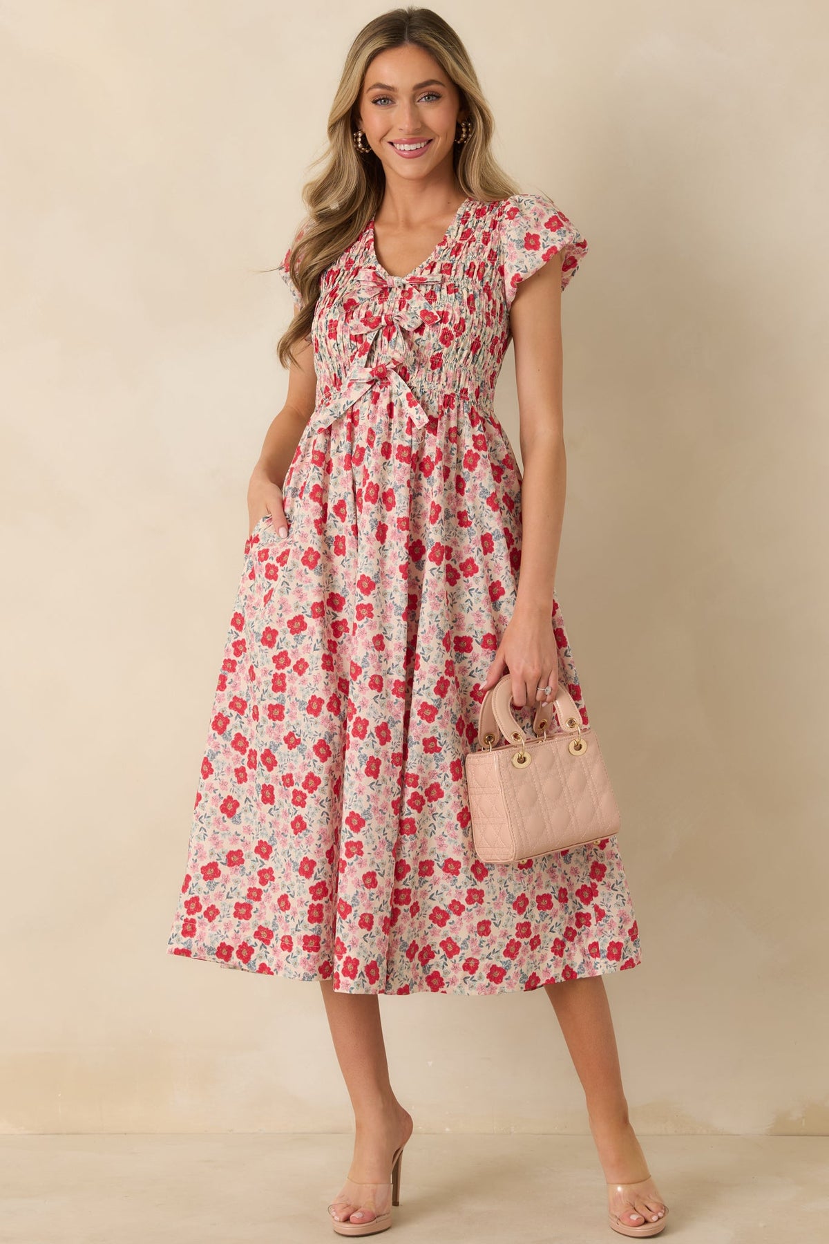 Tied With Love Red Multi Floral Print Cotton Bow Detail Midi Dress