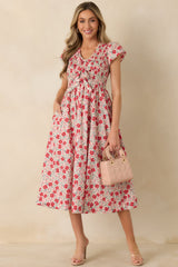 Tied With Love Red Multi Floral Print Cotton Bow Detail Midi Dress