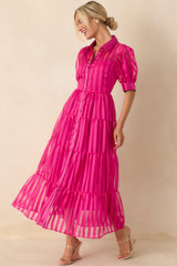 Fiercely Yours Fuchsia Pink Sheer Stripe Tiered Button Up Maxi Dress