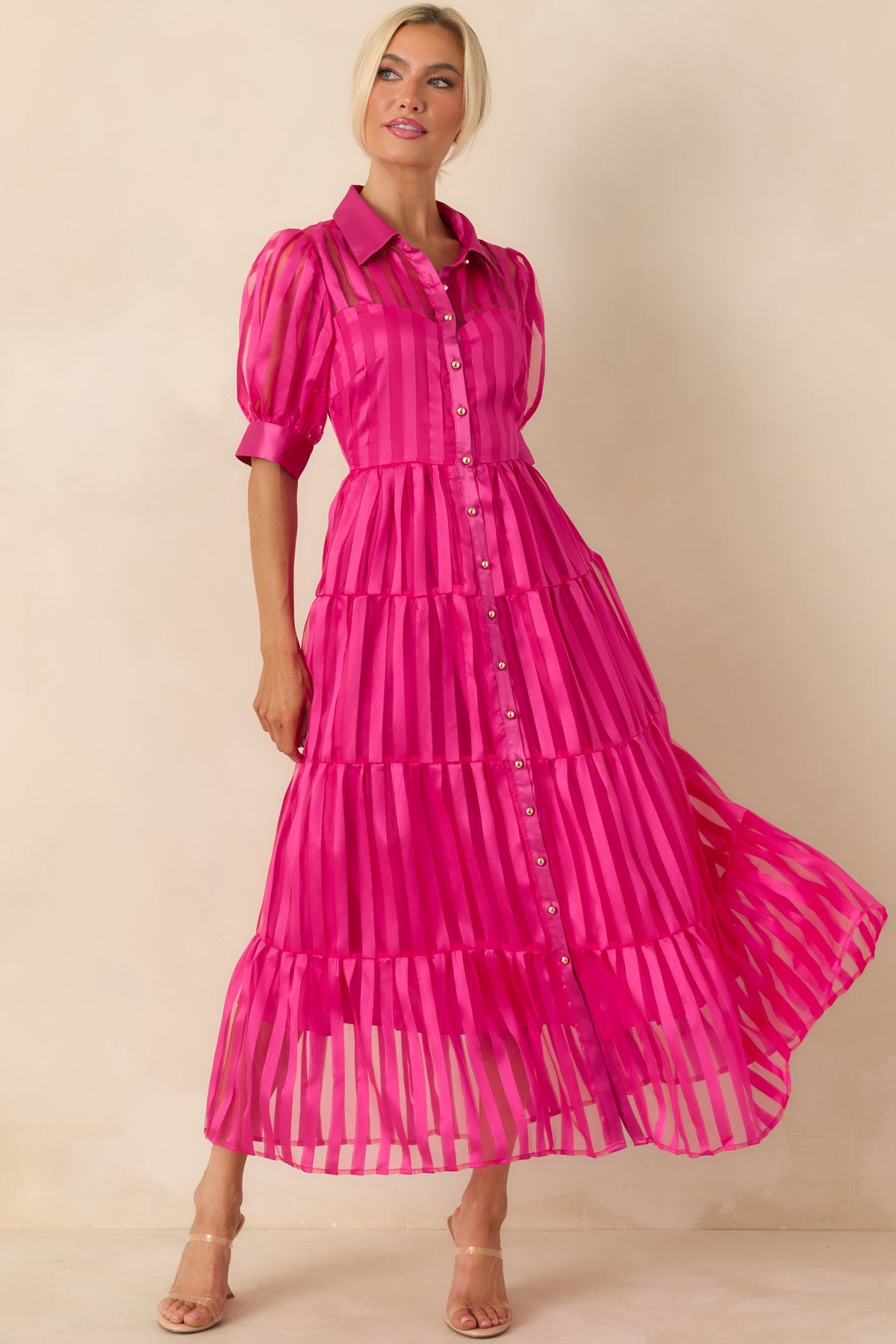 Fiercely Yours Fuchsia Pink Sheer Stripe Tiered Button Up Maxi Dress