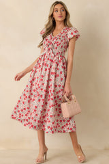 Tied With Love Red Multi Floral Print Cotton Bow Detail Midi Dress