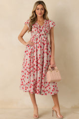 Tied With Love Red Multi Floral Print Cotton Bow Detail Midi Dress