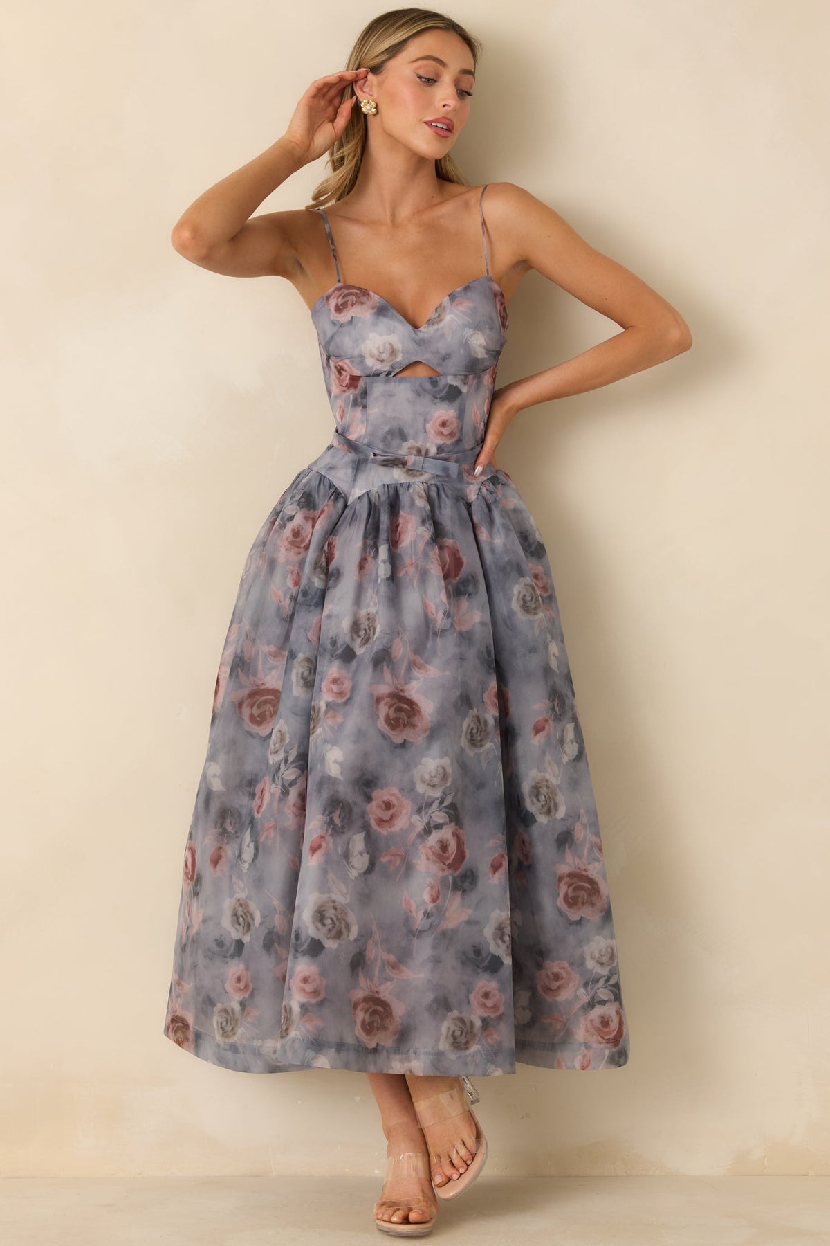 Bloom Service Grey Multi Floral Cutout Bodice Midi Dress