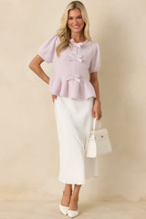 Soft Spoken Sweetness Lavender Knit Bow Detail Peplum Top