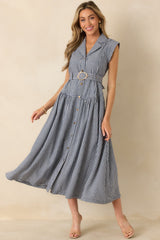 Checked and Considered Navy Gingham Belted Sleeveless Button Up Midi Dress
