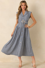 Checked and Considered Navy Gingham Belted Sleeveless Button Up Midi Dress