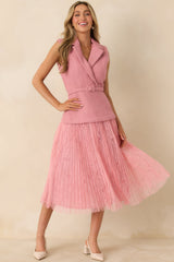 Caught You Smiling Rose Pink Textured Woven Belted Lace Midi Dress