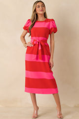 Boldly Yours Red & Pink Stripe Puff Sleeve Midi Dress