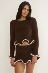 Pailin Lettuce Edge Knit Top Brown