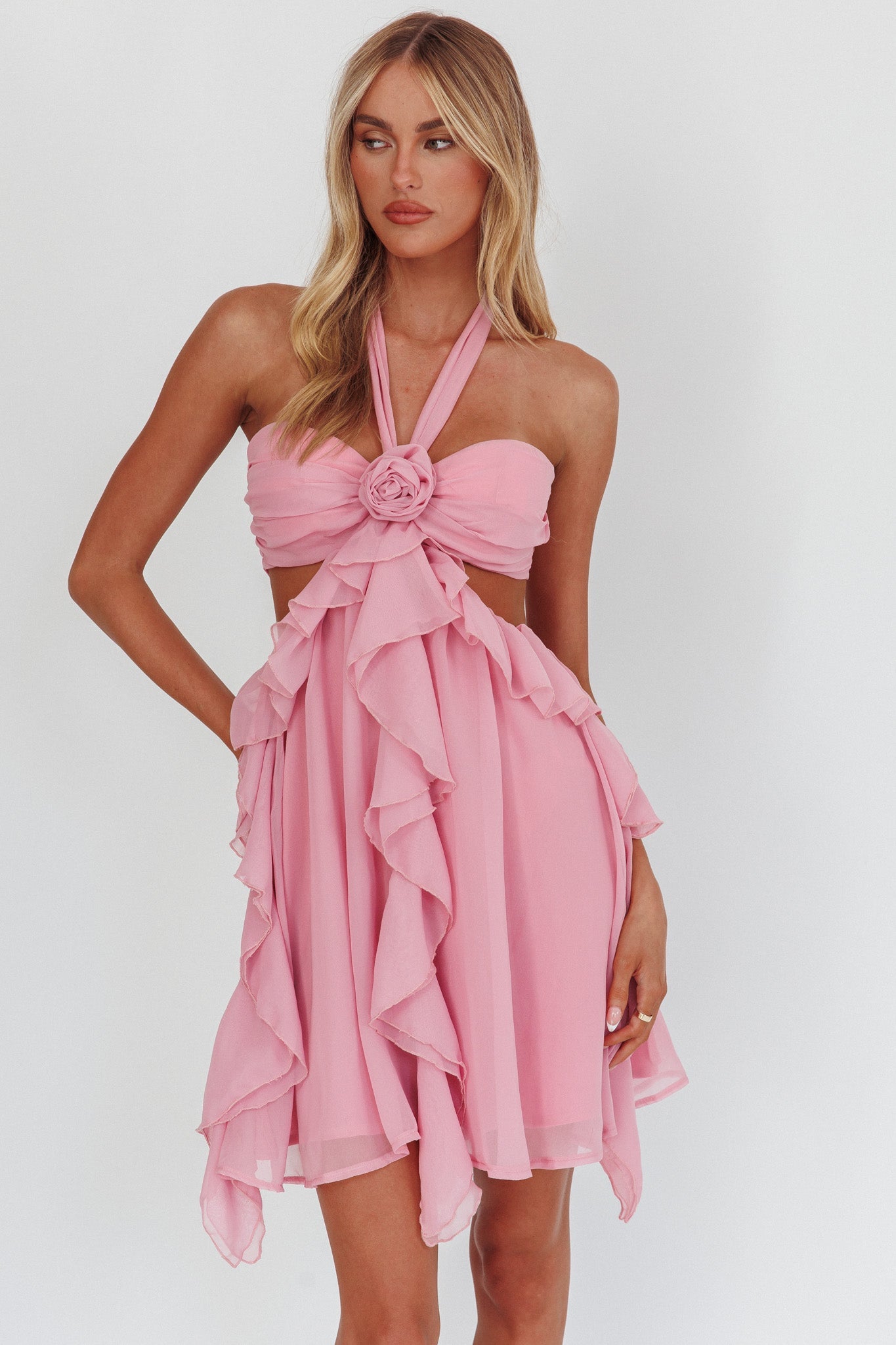 Santiago Cut-Out Ruffle Mini Dress Blush – heylulus
