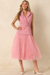 Caught You Smiling Rose Pink Textured Woven Belted Lace Midi Dress