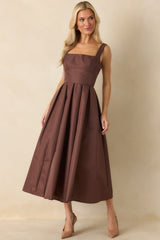 The Main Idea Cocoa Brown Sleeveless Pleated Structured Midi Dress