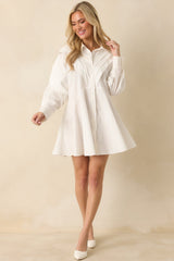 All The Angles White Cotton Pleated Detail Long Sleeve Button-Up Mini Dress
